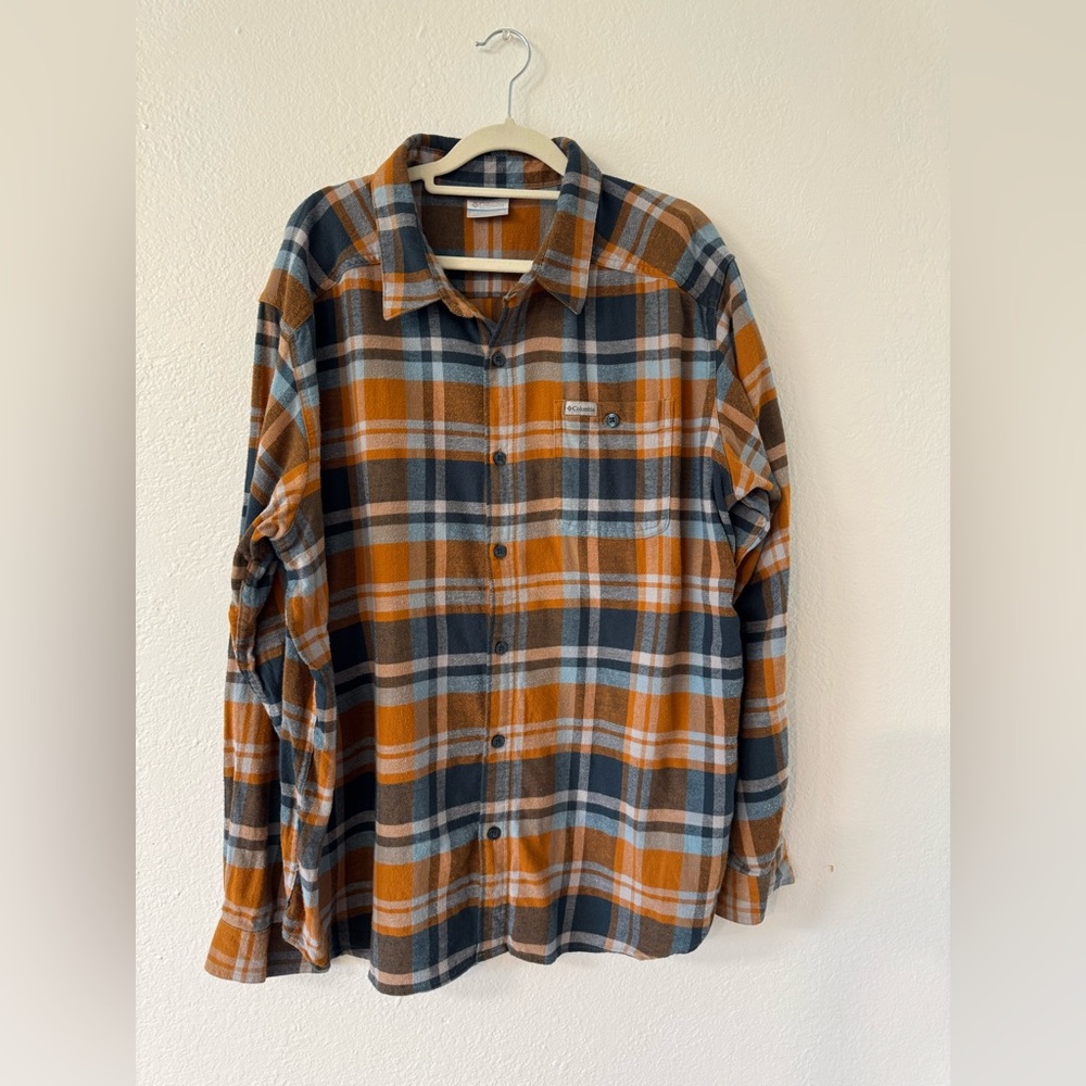 Columbia Men's Casual Button Down Shirt - Blue and Orange Plaid, Size XL